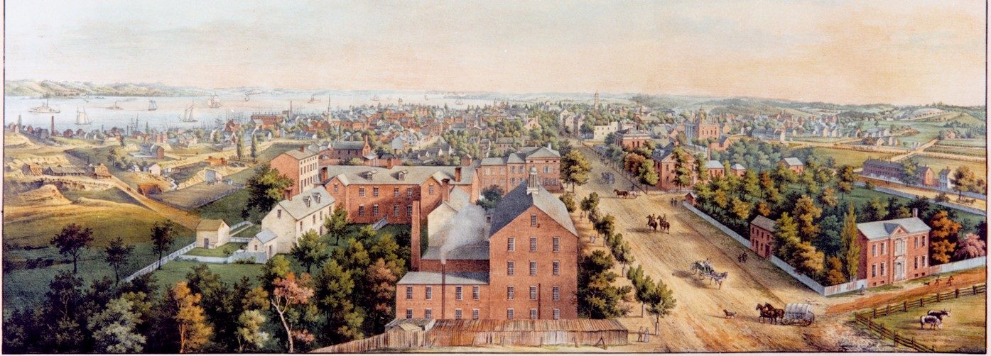 Birds-eye-view illustration of Alexandria, Virginia entitled View of Alexandria VA. This drawing, made by artist James T. Palmatary, is undated though was likely produced in the mid-19th century.